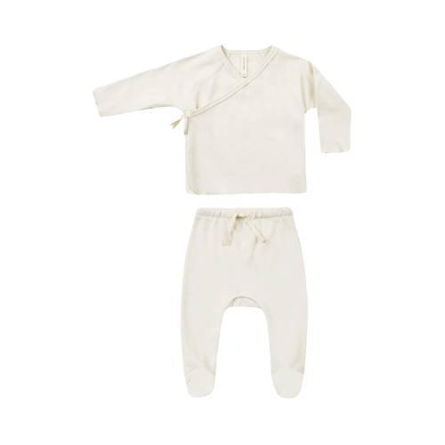 Wrap Top + Footed Pant Set, Cream NB