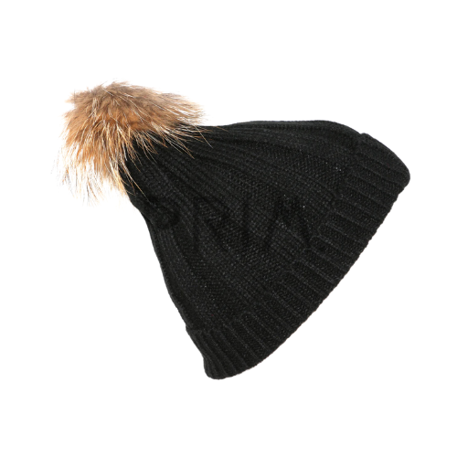 Genuine Fur Pom Pom Hat Black Small