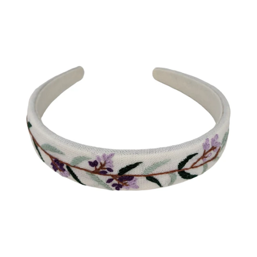 Vivente Embroidered Headband White with Purple Flowers