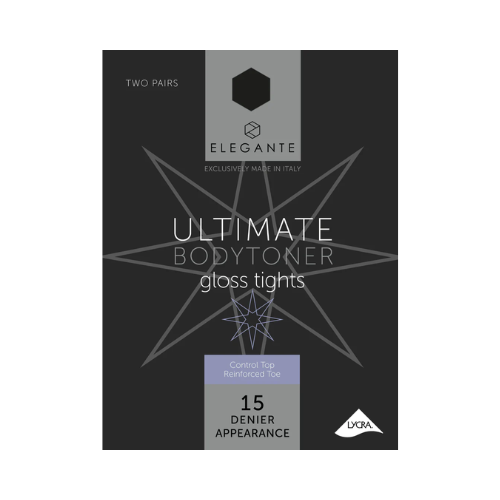 Elegante Ultimate Bodytoner Gloss Black Reinforced Toe Tights 2pk, Medium