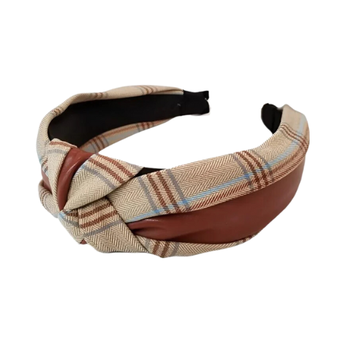 Plaid and Pleather Wide Knot Headband Brown