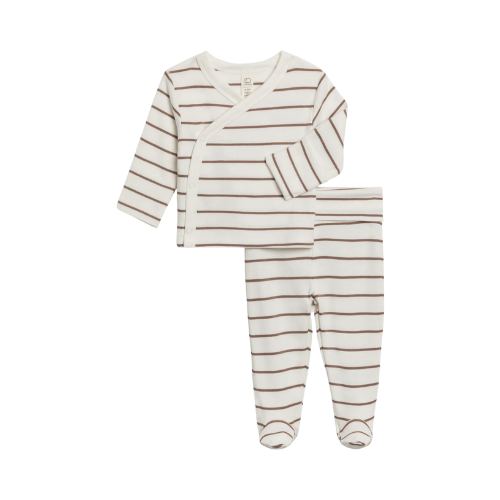 Colored Organics Riley Kimono Wrap Top and Pant Set Kade Stripe/Taupe 0-3M