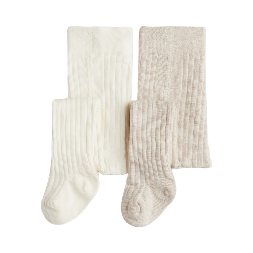 2-Pack Rib-Knit Tights Beige/Cream 3-6M