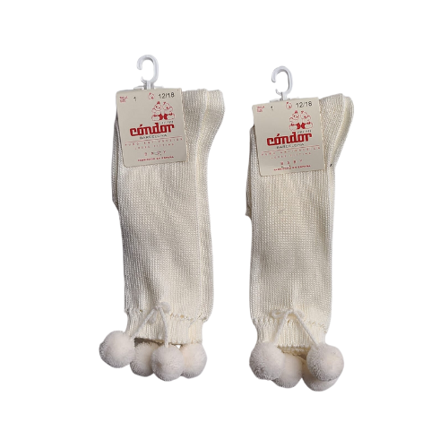 Condor Barcelona Cream Pom-Pom Cotton Knee Socks Size 1