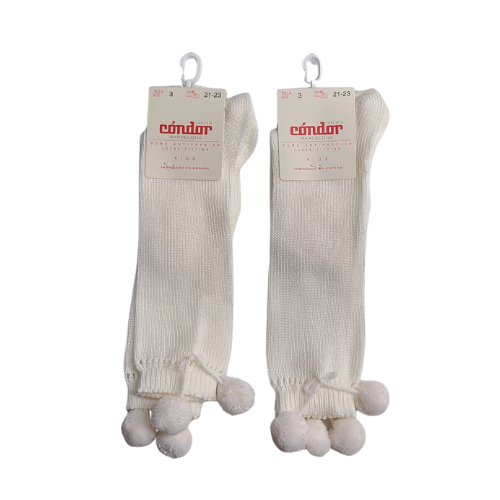 Condor Barcelona Cream Pom-Pom Cotton Knee Socks Size 3 (21-23 mths)