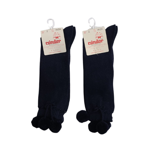 Condor Barcelona Navy Pom-Pom Cotton Knee Socks Size 2 (18-24mths)