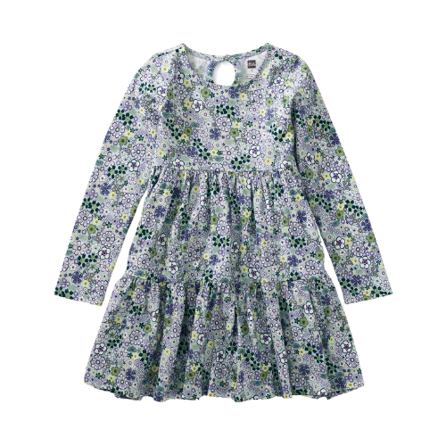 Tea Green Sakura Floral Long Sleeve Tiered Skirted Dress 2Y