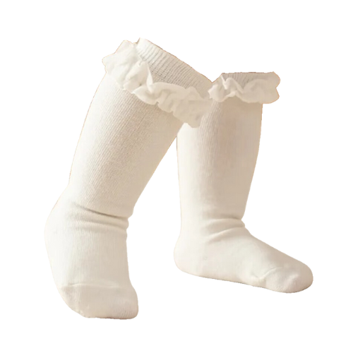 Long Sock with Velvet Ruffle White Small