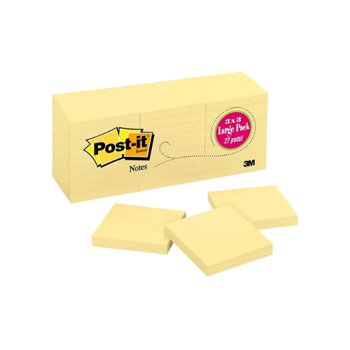 Post-it Notes, 3" x 3", Canary Yellow, 27 Pads, 2,700 Total